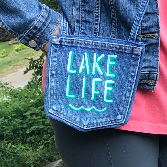 Handmade Crossbody Denim Bag: Painted Lake Life Cell Phone Jean Pocket Purse - Picture 10 of 11